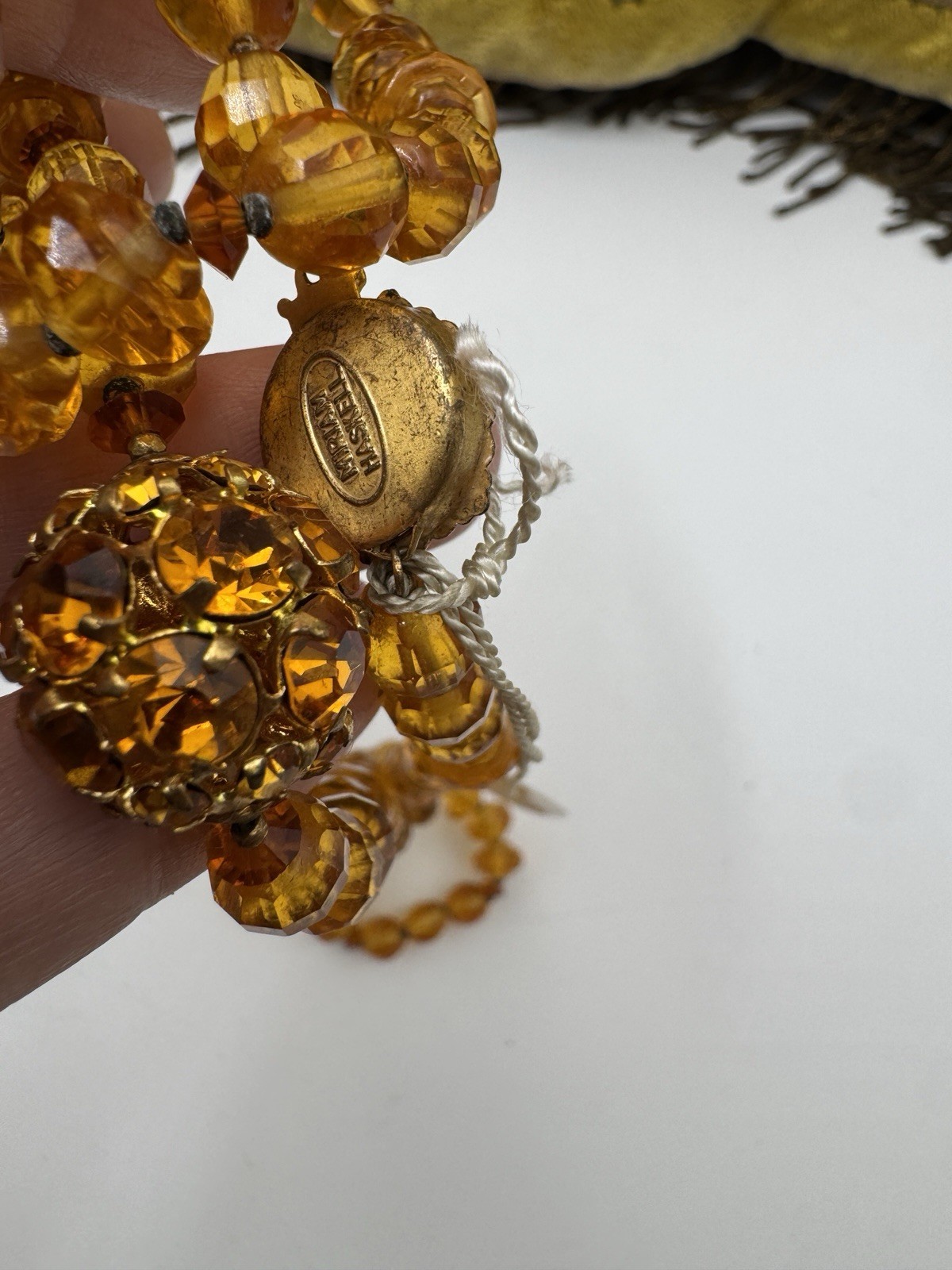 Vintage Miriam Haskell Amber Glass Bead Necklace with Rhinestone Ball Accent