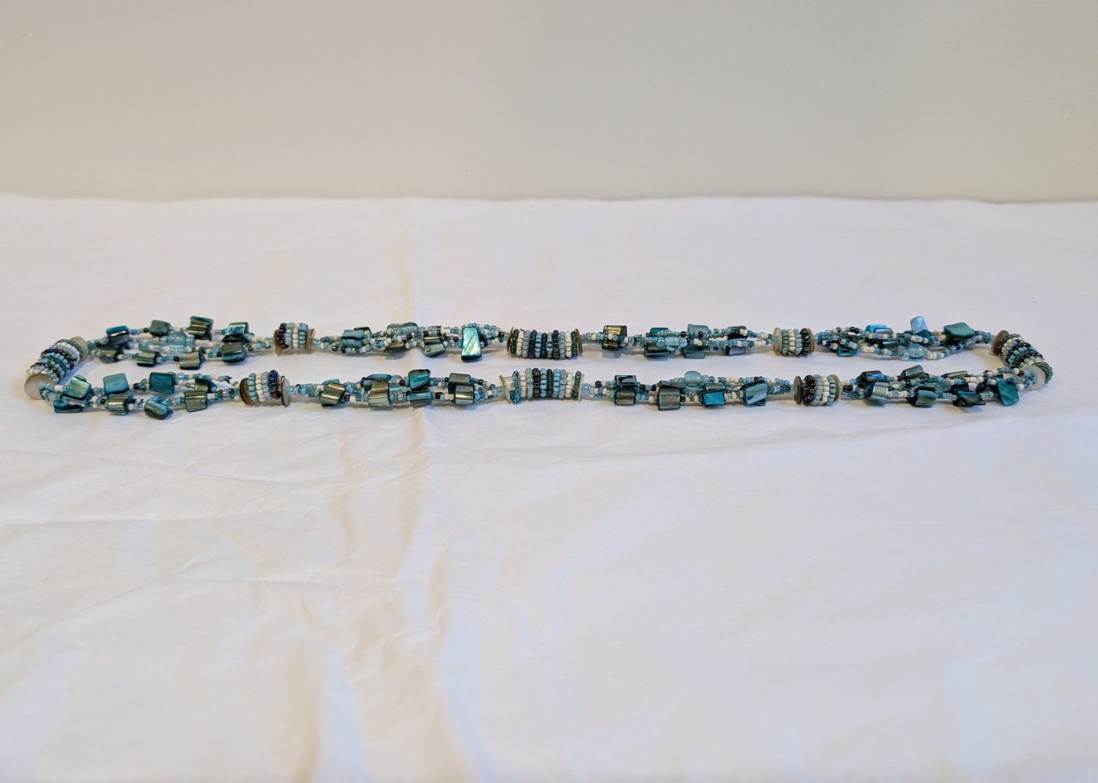 4 Strand Layered Necklace with Blue Dyed Abalone MOP and Glass Beads 30.5 inches