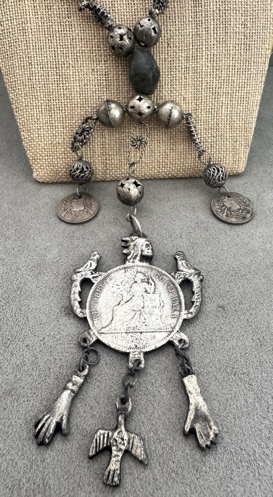 Vintage GUATEMALA 1894 Silver COIN NECKLACE Chachal MILAGROS Animal Charms Beads