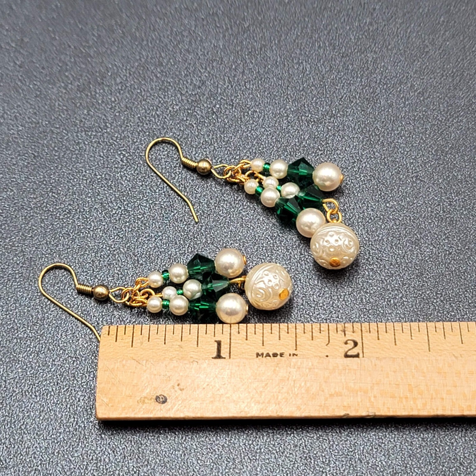 Vintage Pierced Earrings Faux Pearl Green Crystal Beads Dangle 1.5″