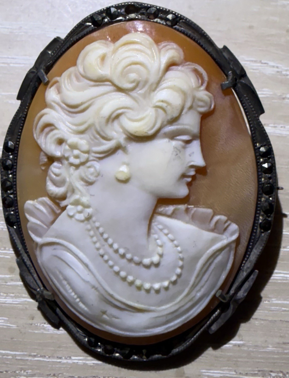 Antique Victorian Oval Shell Cameo Brooch Pendant, 800 Silver Frame, Brown/White