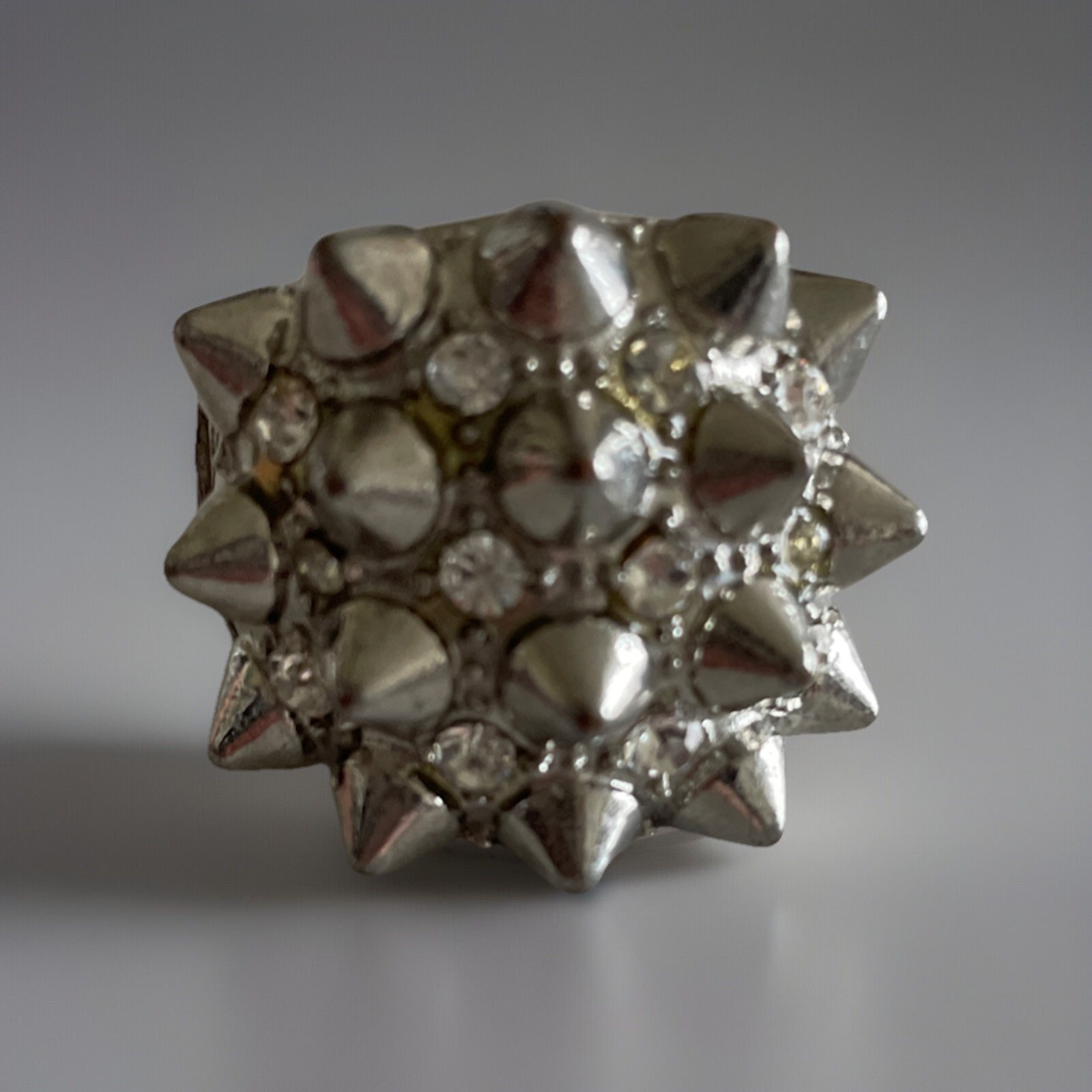 Silver Spiky Domed Ring Stretch Band Clear Stones Sz 12