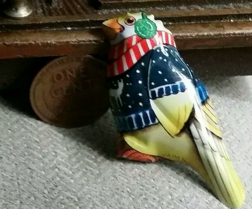 Vintage NOS HUMOROUS BIRD W EARMUFFS SCARF WOOL SWEATER METAL PIN, MADE IN JAPAN