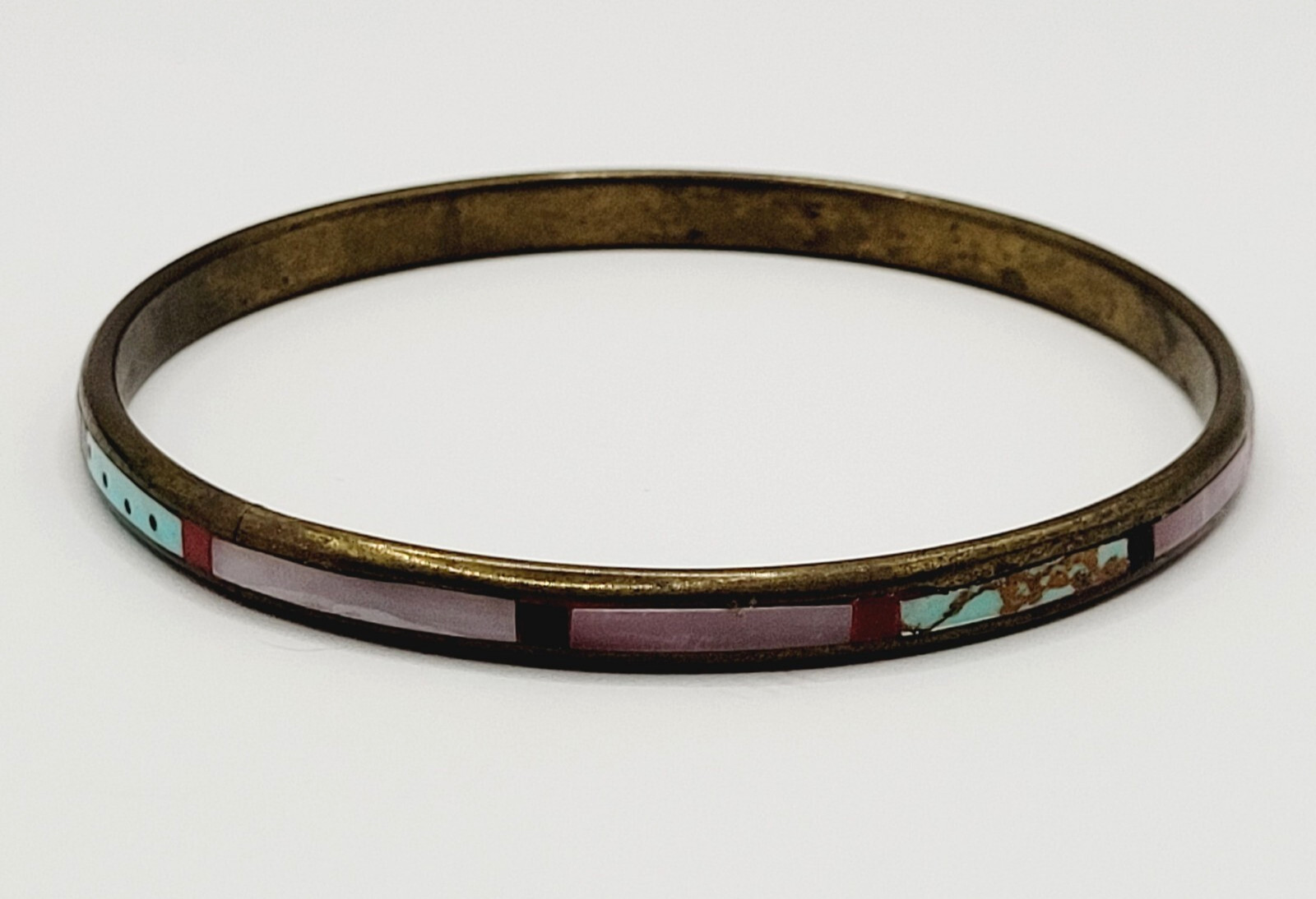 Handmade Southwestern Colorful Multi Stone Thin Inlay Vintage Bangle Bracelet