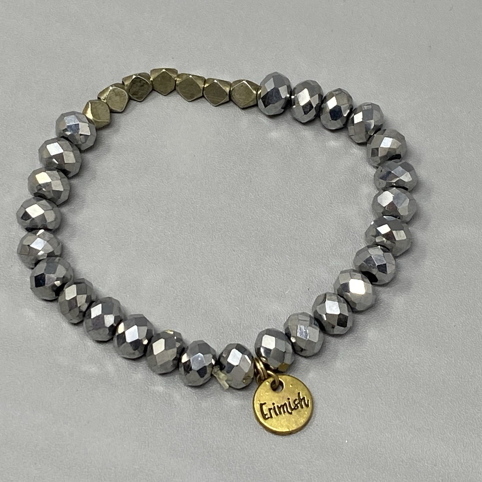 Erimish Glass Beaded Bracelet Silver Gold Faceted Fire Polished Stretch 6.5″