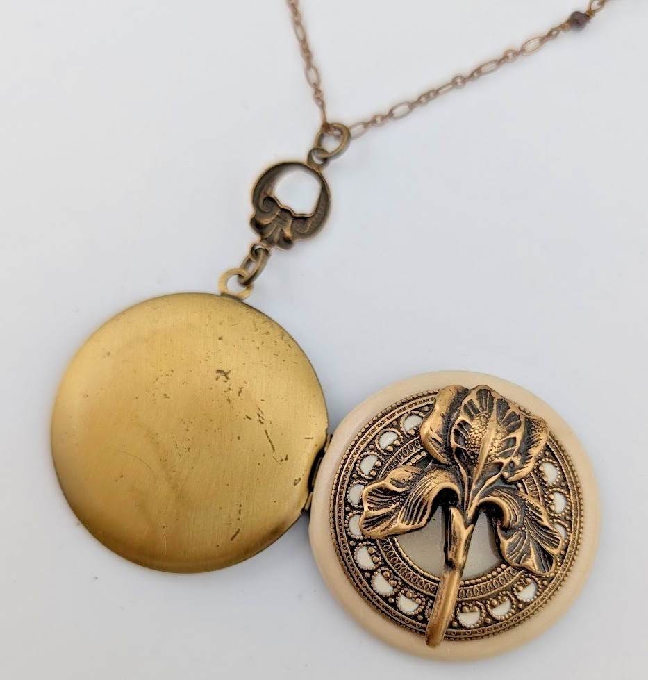 BRASS IRIS FLOWER LOCKET enamel art nouveau style photo pendant bronze chain B6