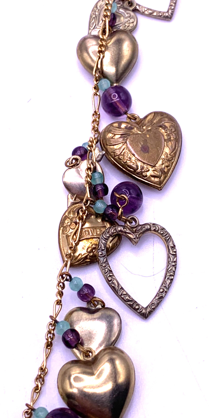 Vintage Lucy Isaacs Charm Necklace puffy hearts Victorian beaded extra long