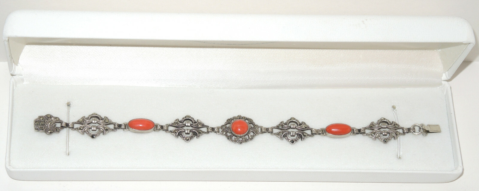 1920’s Art Deco Sterling Openwork Links Bracelet with Coral & Marcasites