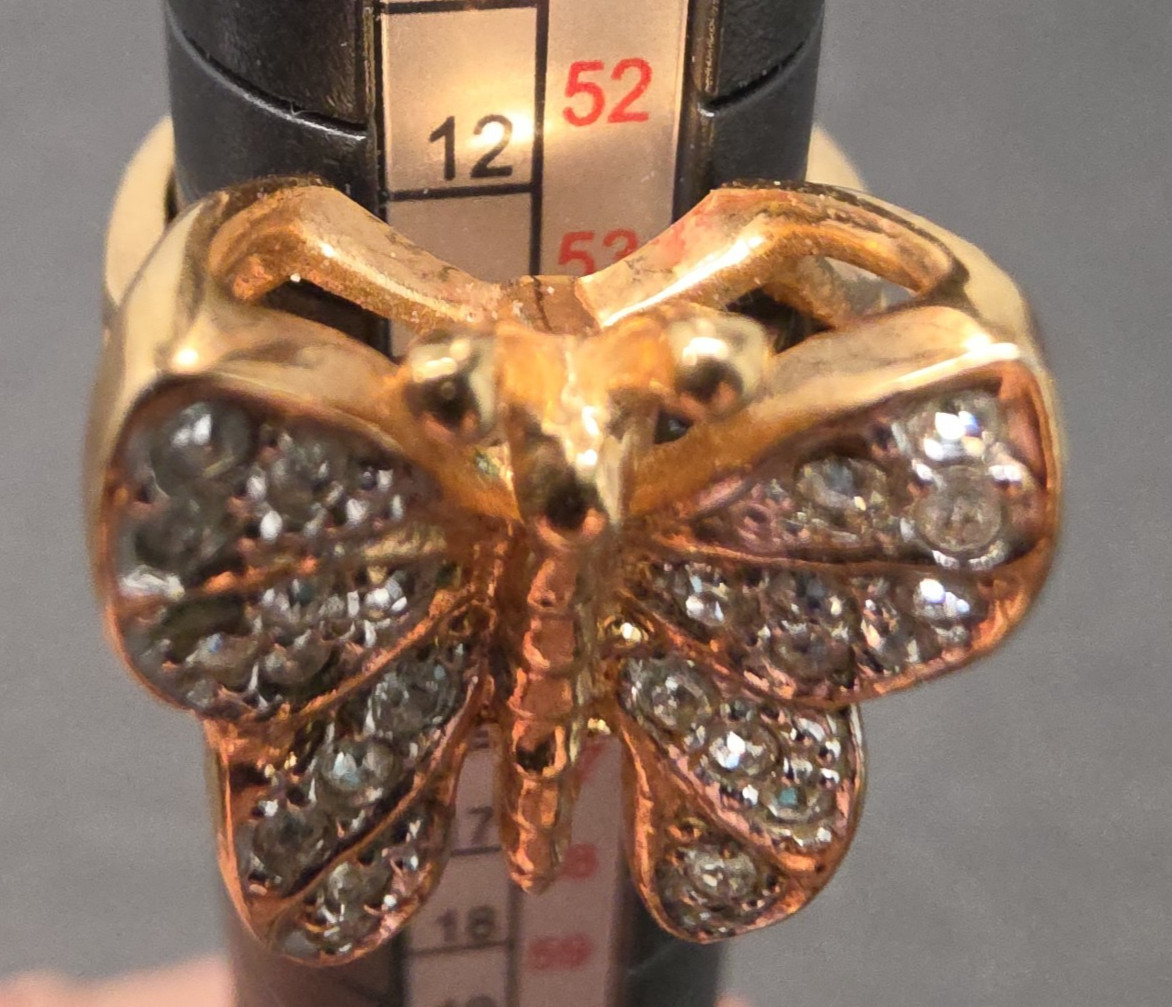 Vintage 18kt GF Gold Filled 3D Butterfly Simulated Diamond Ring size 7