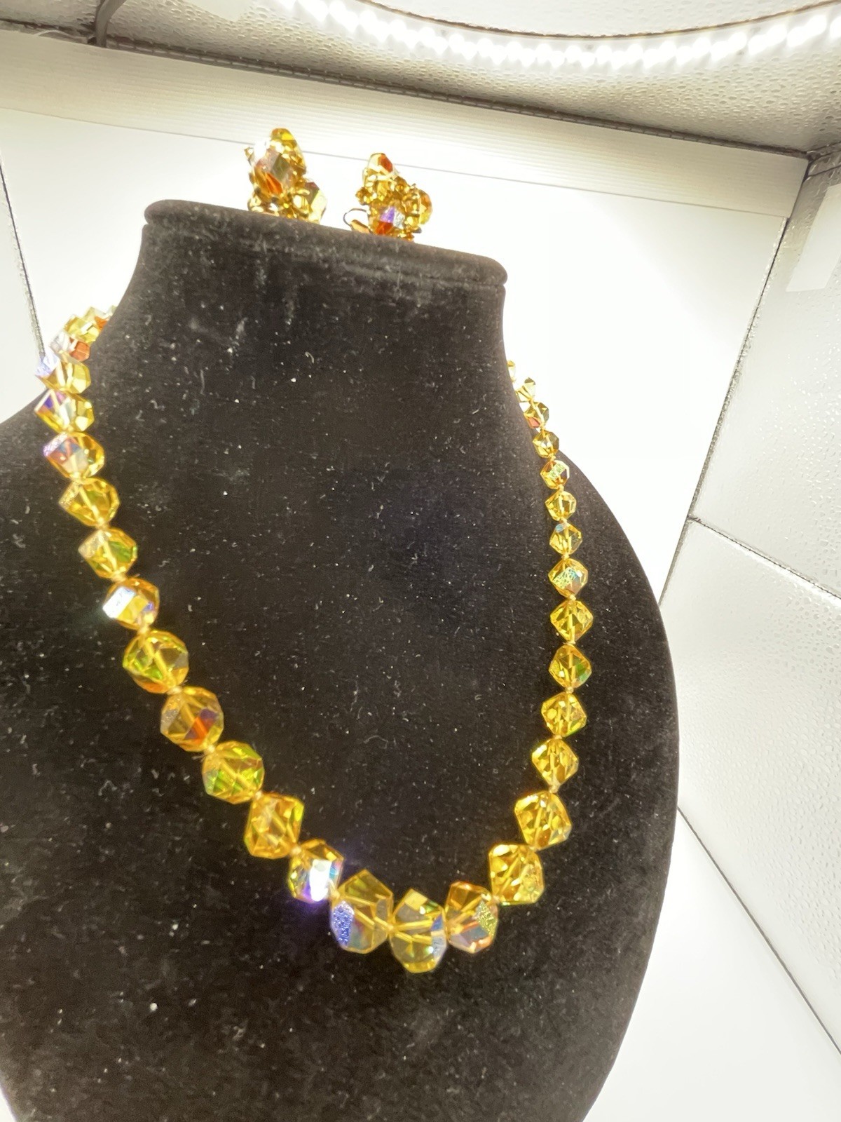 Vintage Vogue Honey Amber Faceted Czech Glass Necklace And Earring Demi- Parure