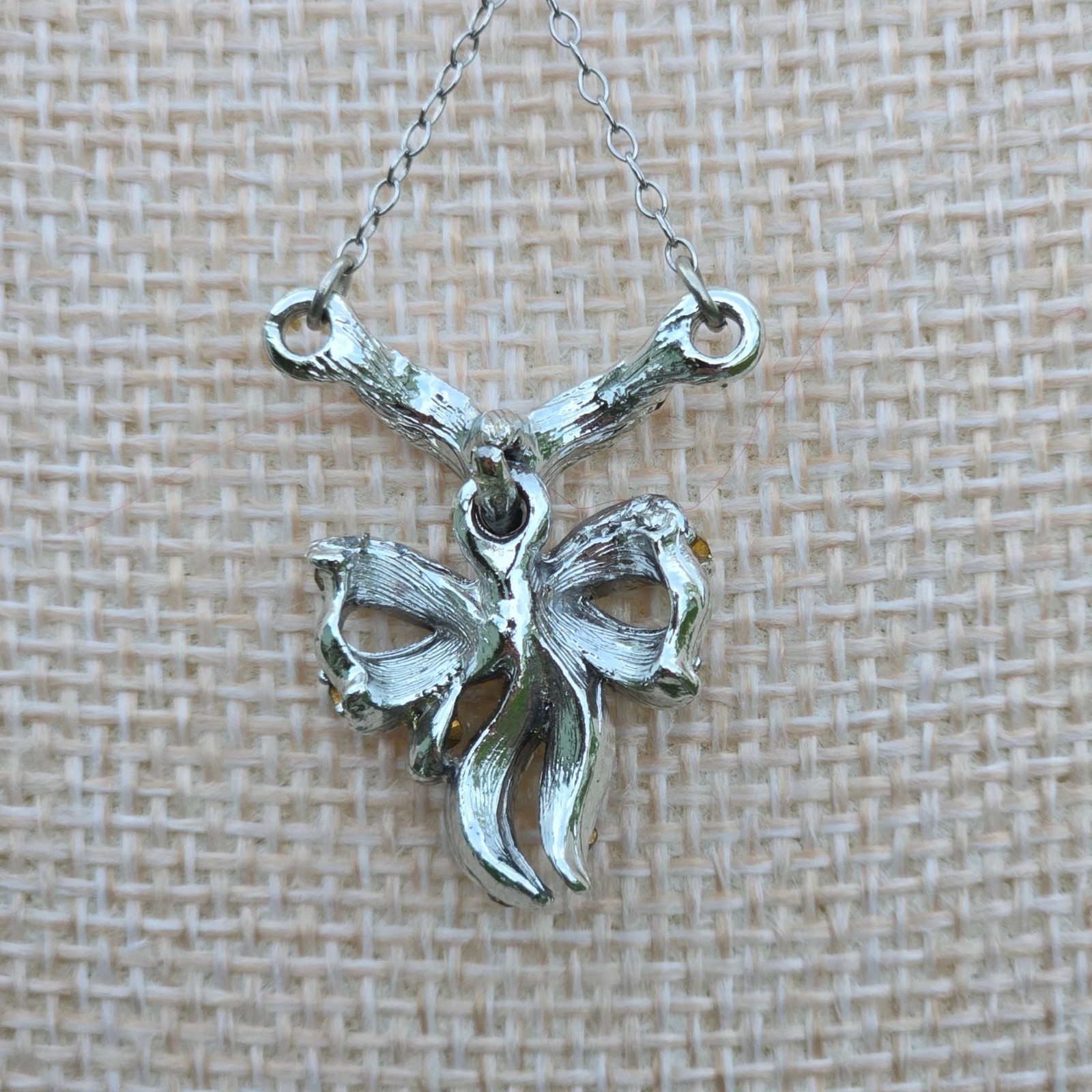 VTG Sterling Silver Bow Pendant Necklace Rhinestones Chain Elegant Jewelry Gift