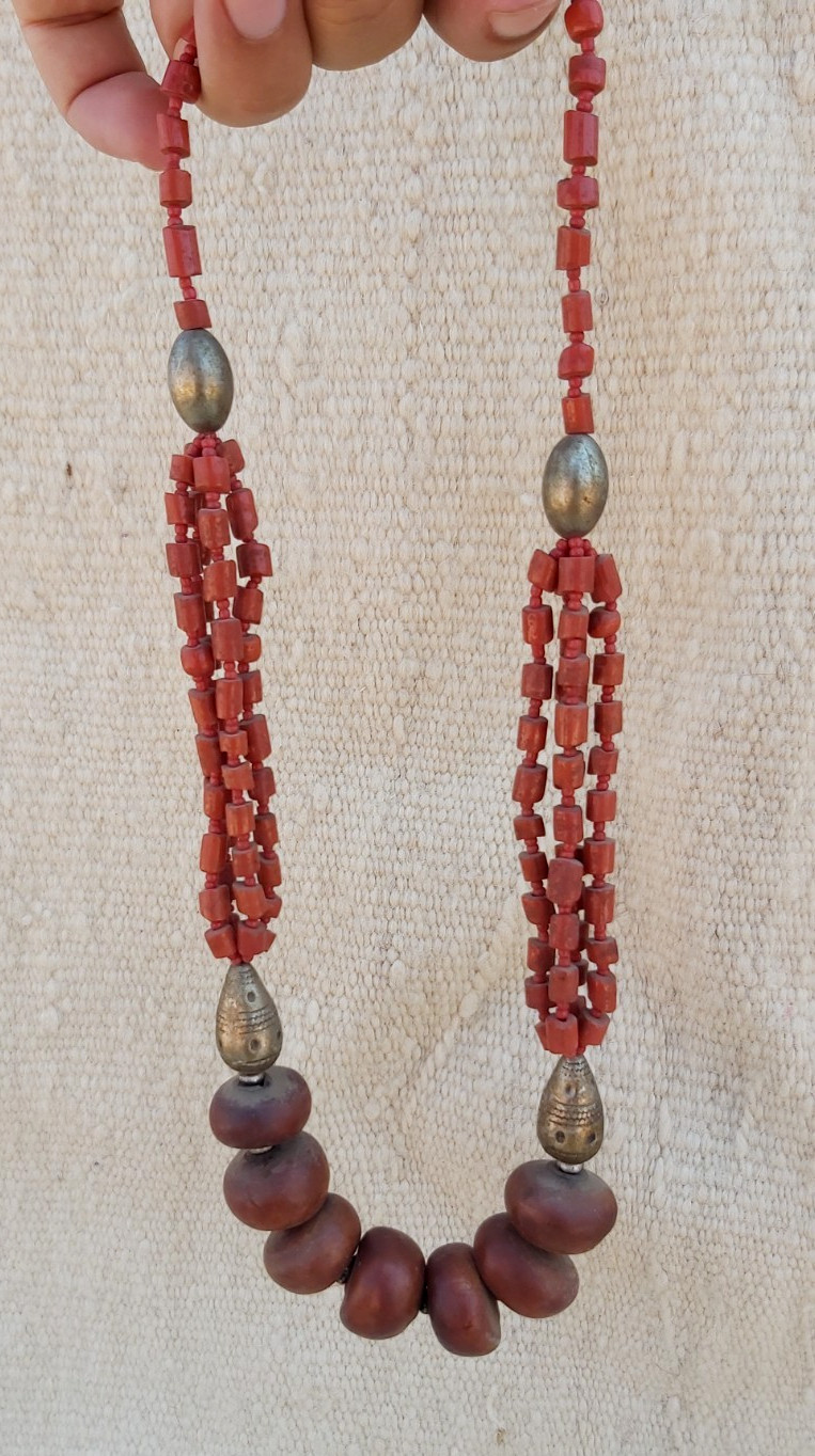 Vintage Tribal Coral Glass & Resin Copal Necklace Ethnic Metal Beads Boho Statem