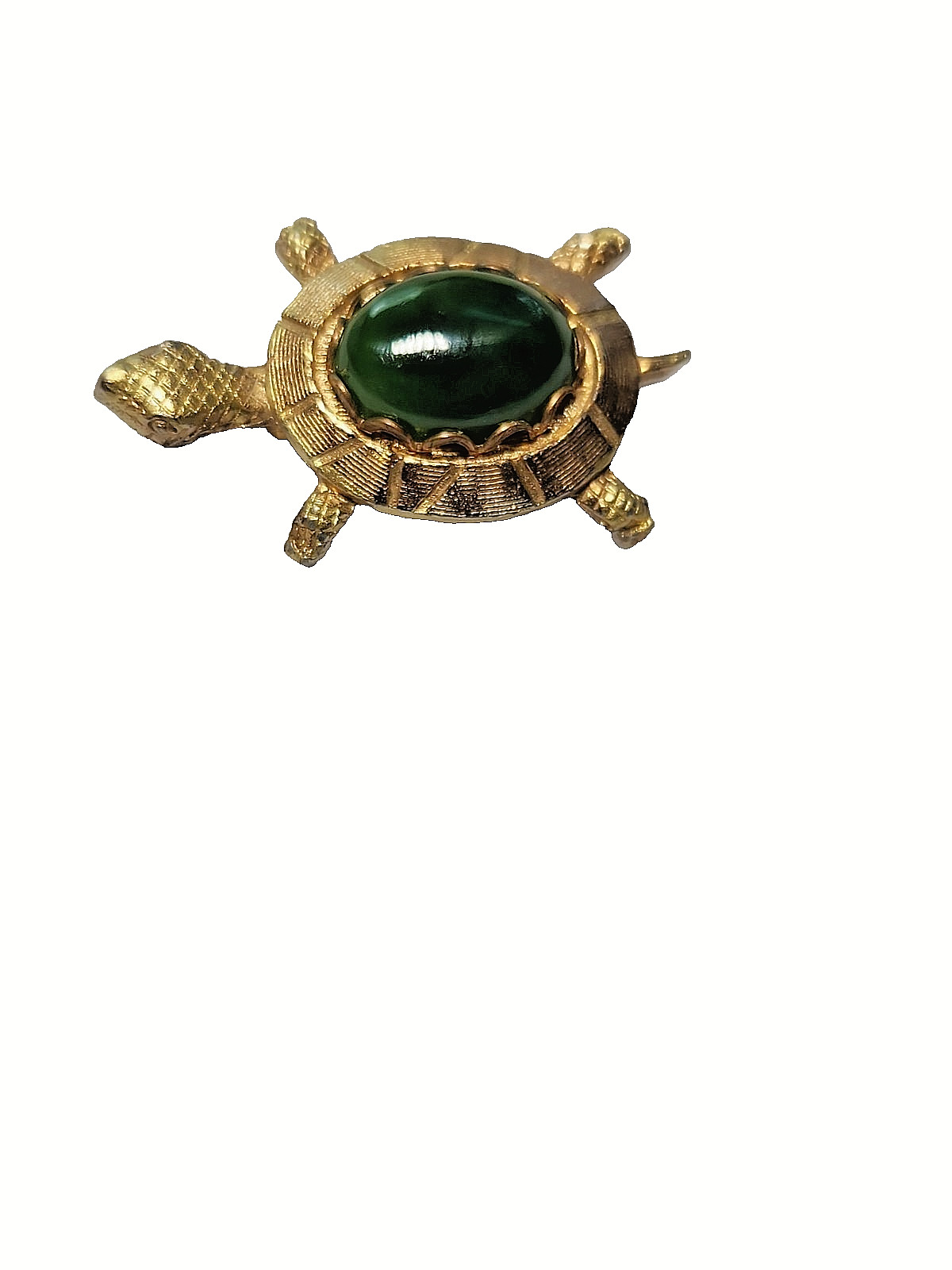 Vintage Unmarked Gold Tone Turtle Pin Real Green Stone Cabochon Tested