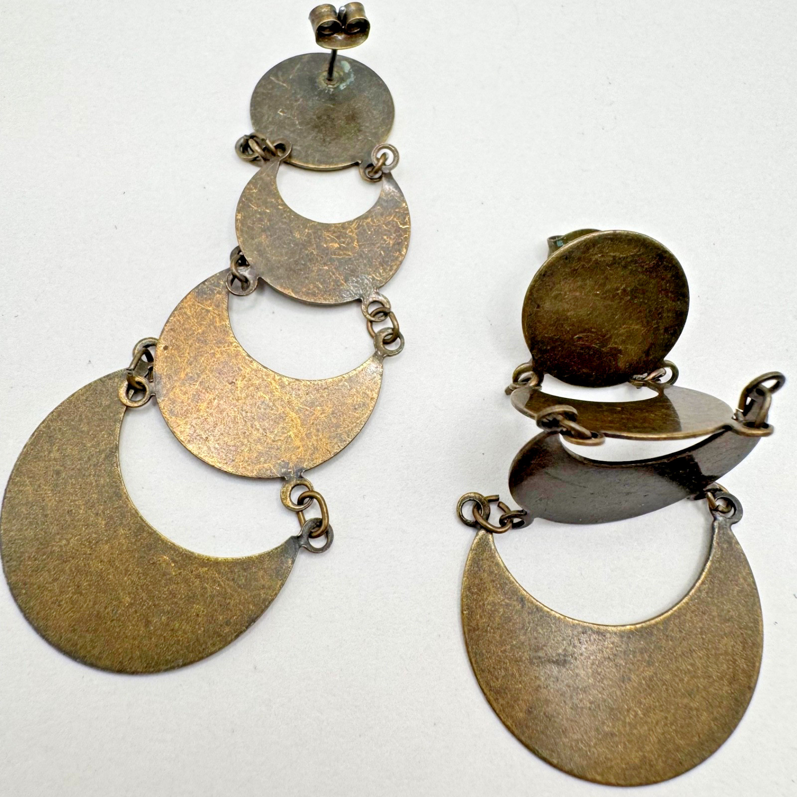 Vintage Brass Geometric Dangle Pierced Earrings Boho Mod Statement Tiered Disc