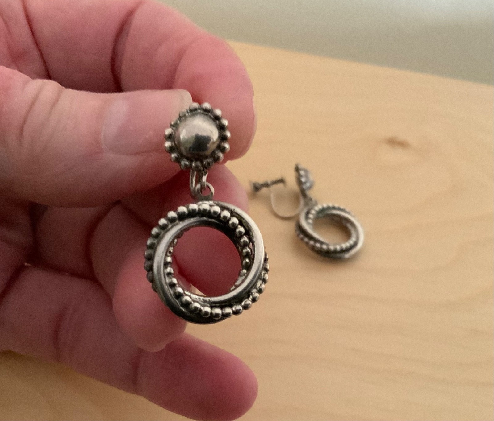 Vintage Sterling Silver Love Knot Dangle Screw Back Earrings Marked 1950s 60s