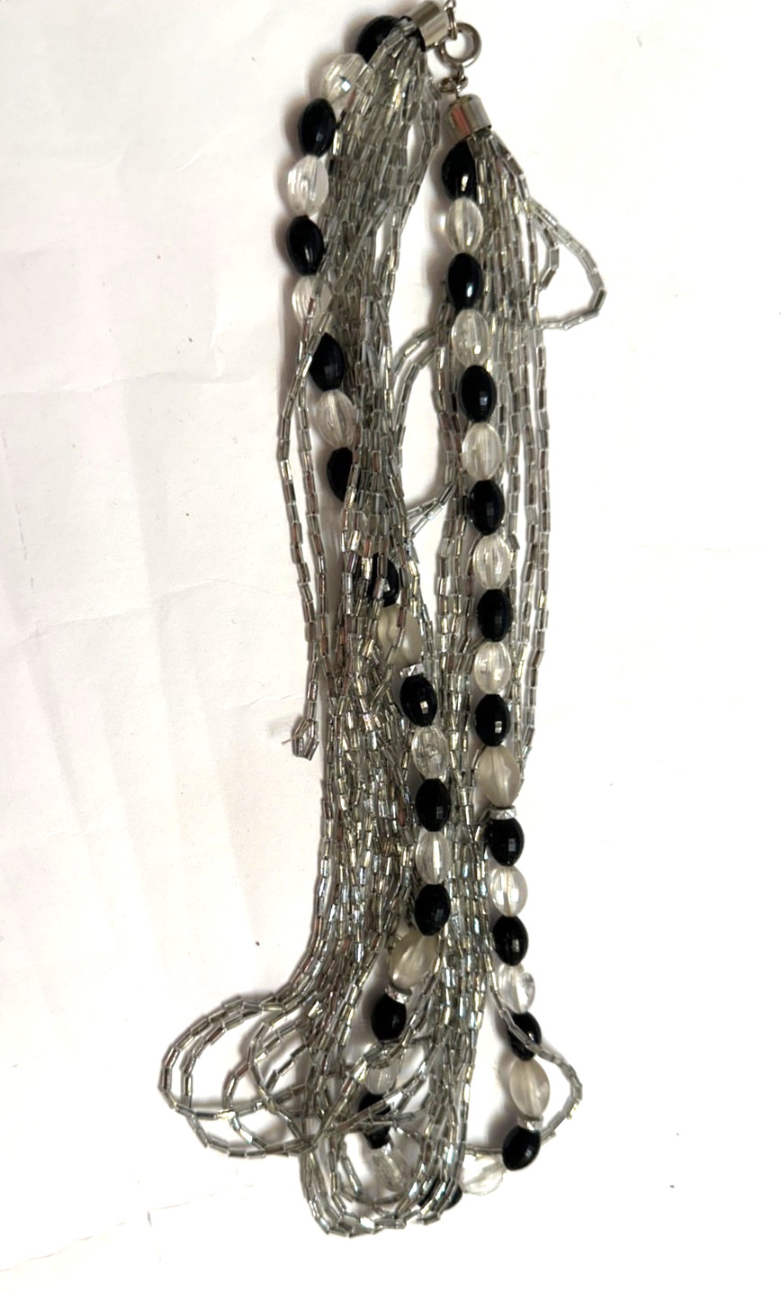 Vintage Black & Clear Beaded Necklace Multi Strand Silver Tone Seed Bugle Beads
