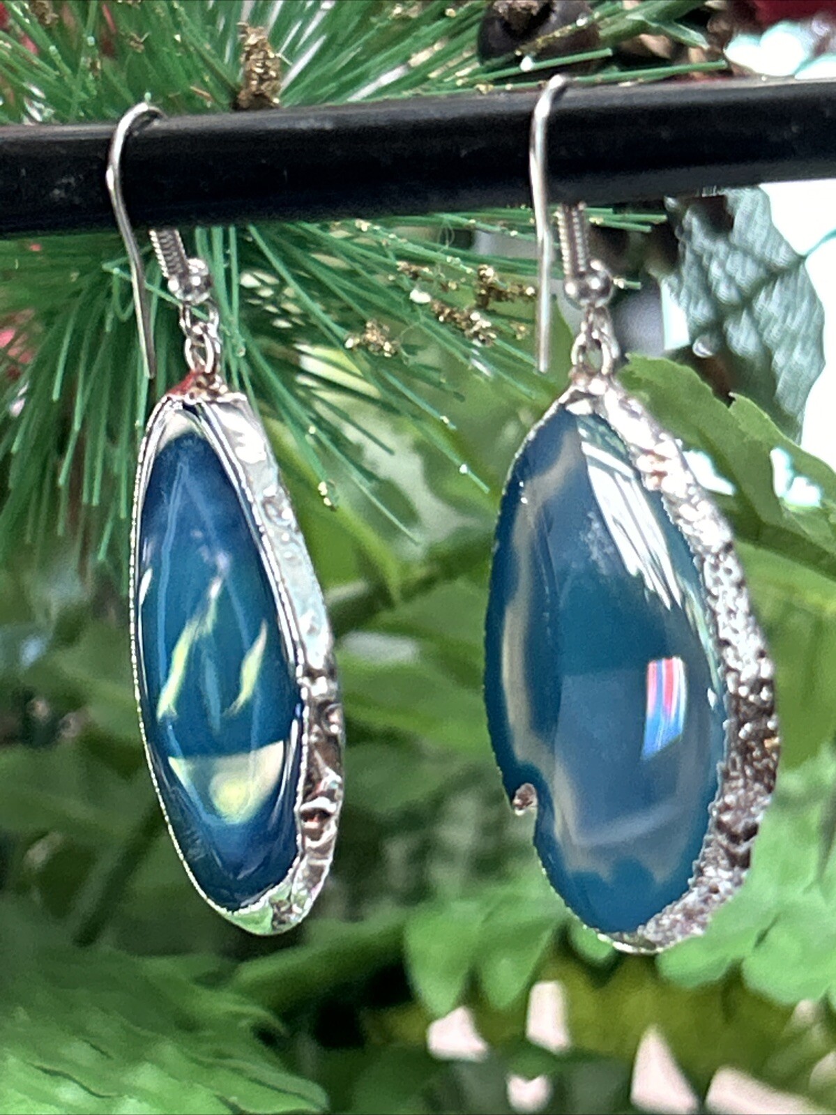 Vintage Silver Tone Blue Geode Slice Dangle Drop Pierced Earrings Large 2.25”