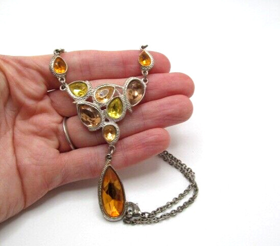 Vintage Yellow Orange Peach Glass Bead Setting Lariat Dangling Necklace 16.5 In