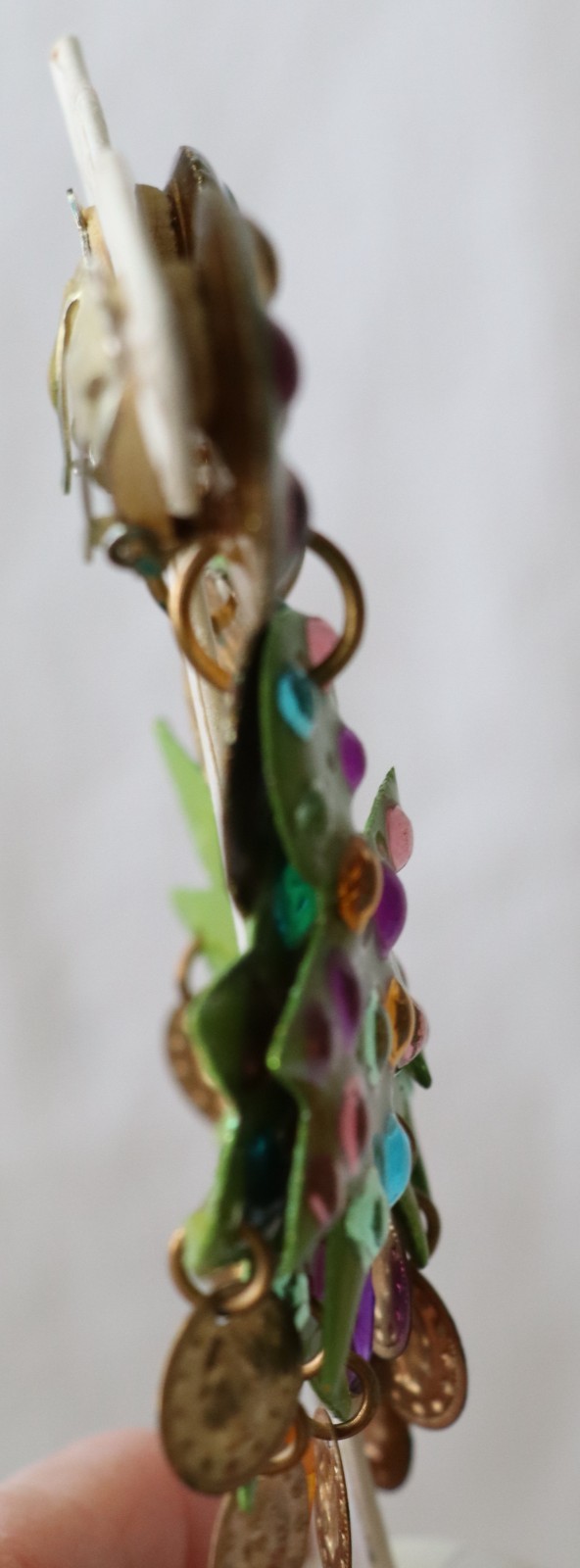 Vintage Green Resin Metal Christmas Tree Colorful Clip-On Dangle Earrings 4″
