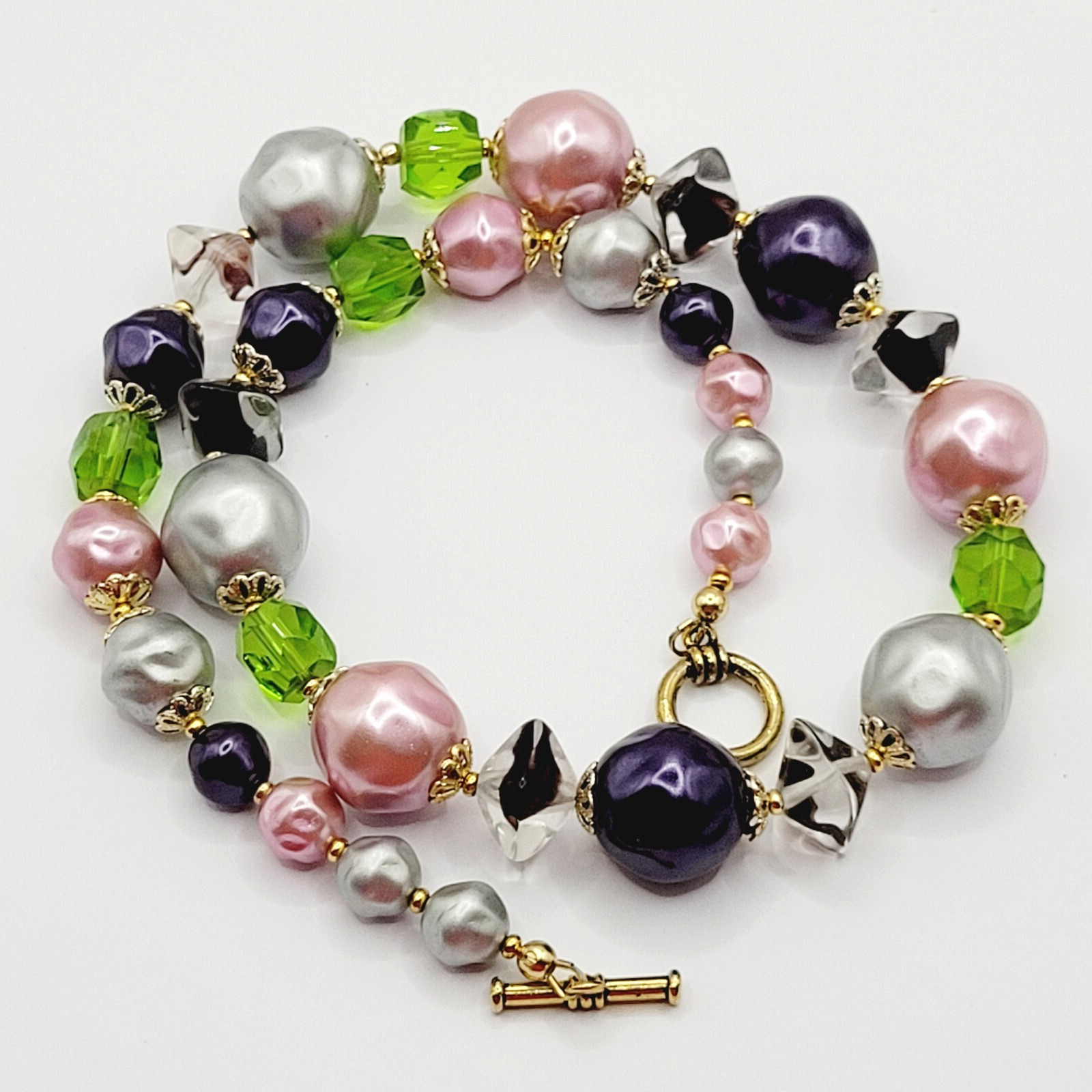 Colorful Glass & Faux Pearl Style Multi Color Shape Bead Vintage Necklace 21 In