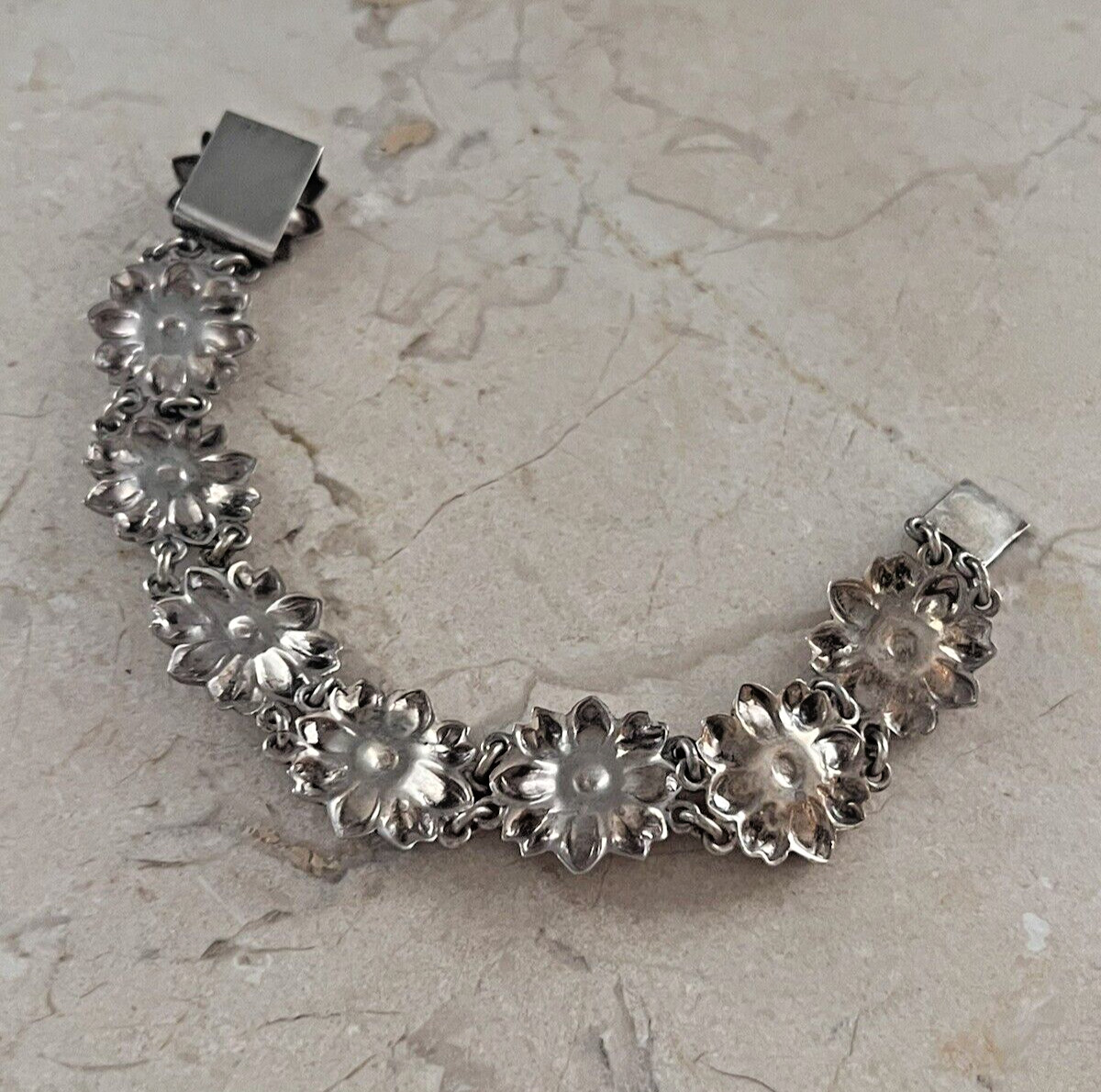Antique Victorian 900 Silver Marcasite & Coral Link Flower Bracelet