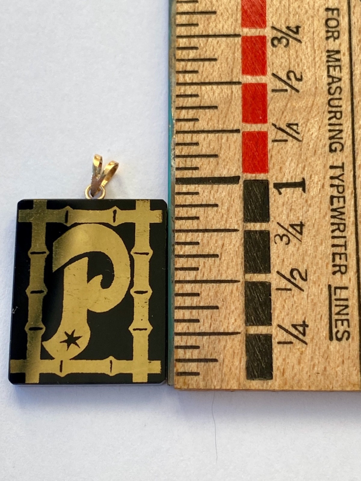 Vintage NOS 14k gold bale Initial letter P Bamboo black glass onyx Pendant Asian
