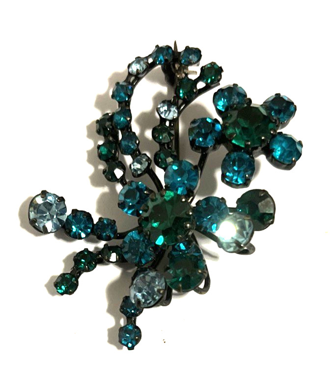 vintage austrian crystal Rhinestones brooch Teal & Light Blue Signed