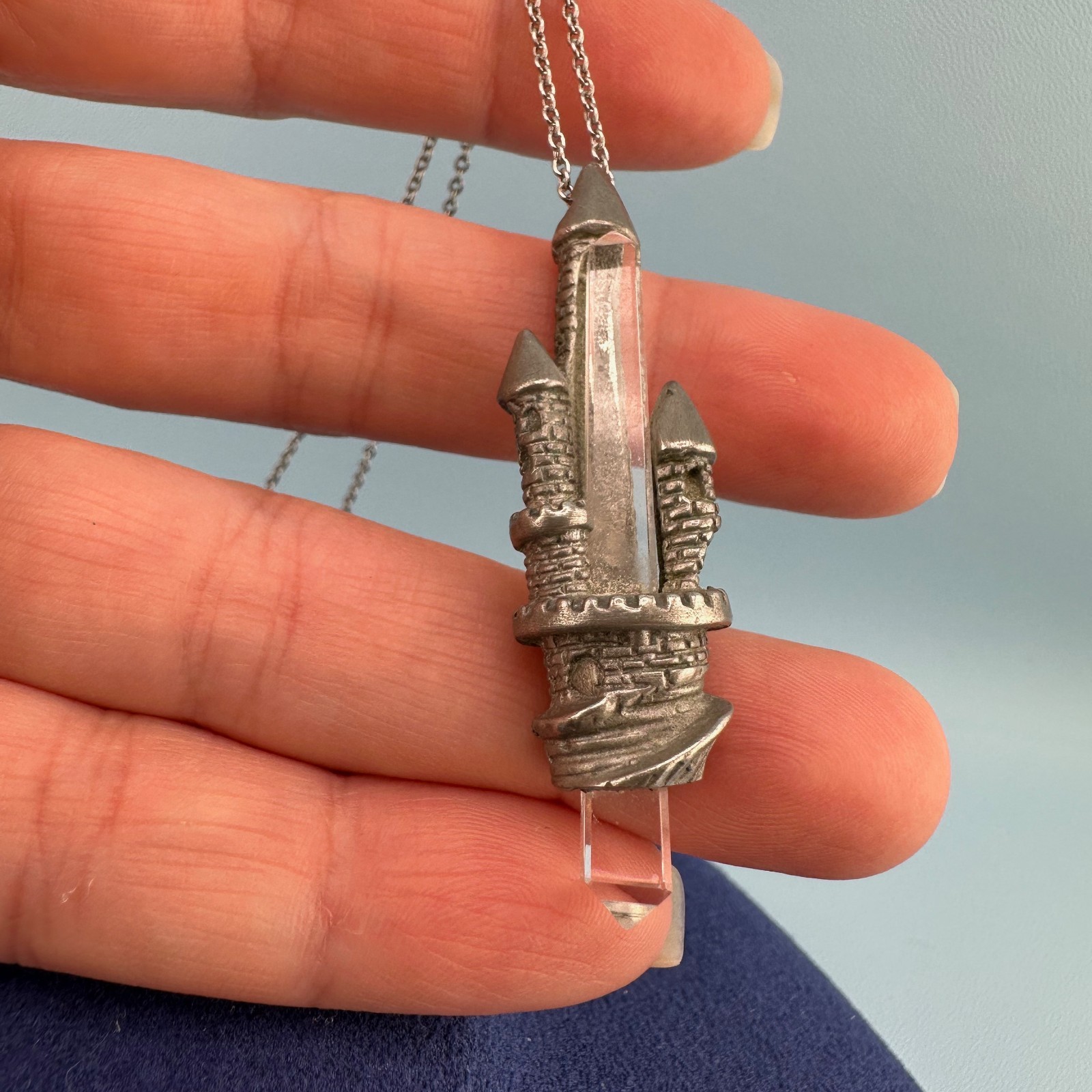 Vintage Quartz Crystal Castle Pendant Necklace Pewter Silver Tone Fantasy Signed