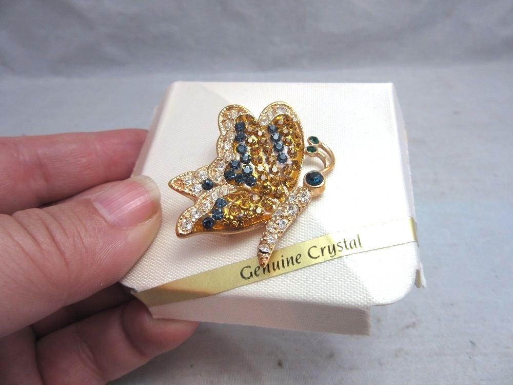 Pave rhinestone butterfly brooch. Blue & yellow