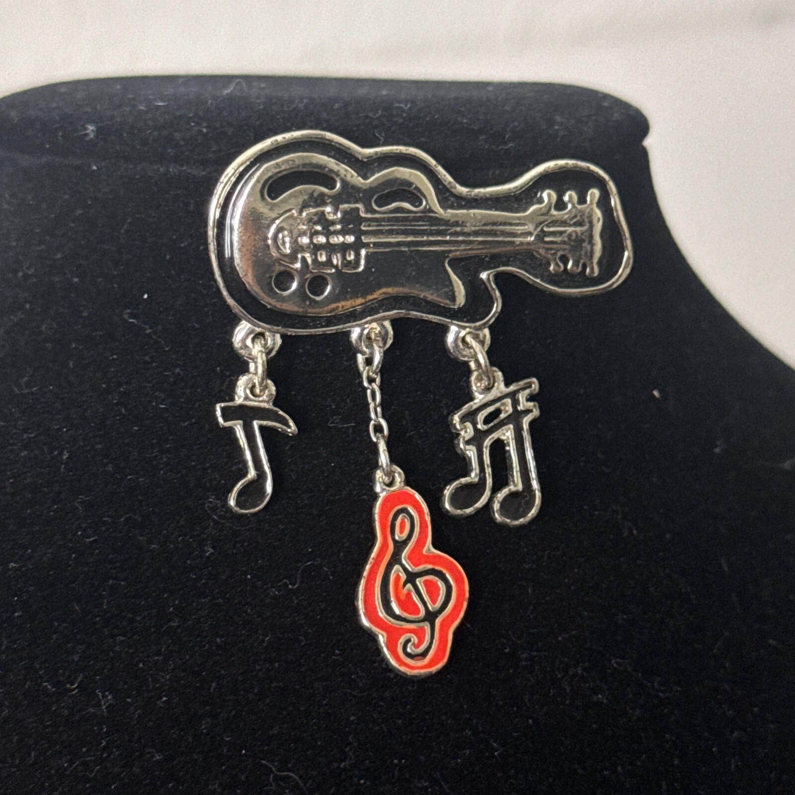 Vintage Silver-Tone Musical Guitar Pin Brooch Enamel Dangle Notes Statement