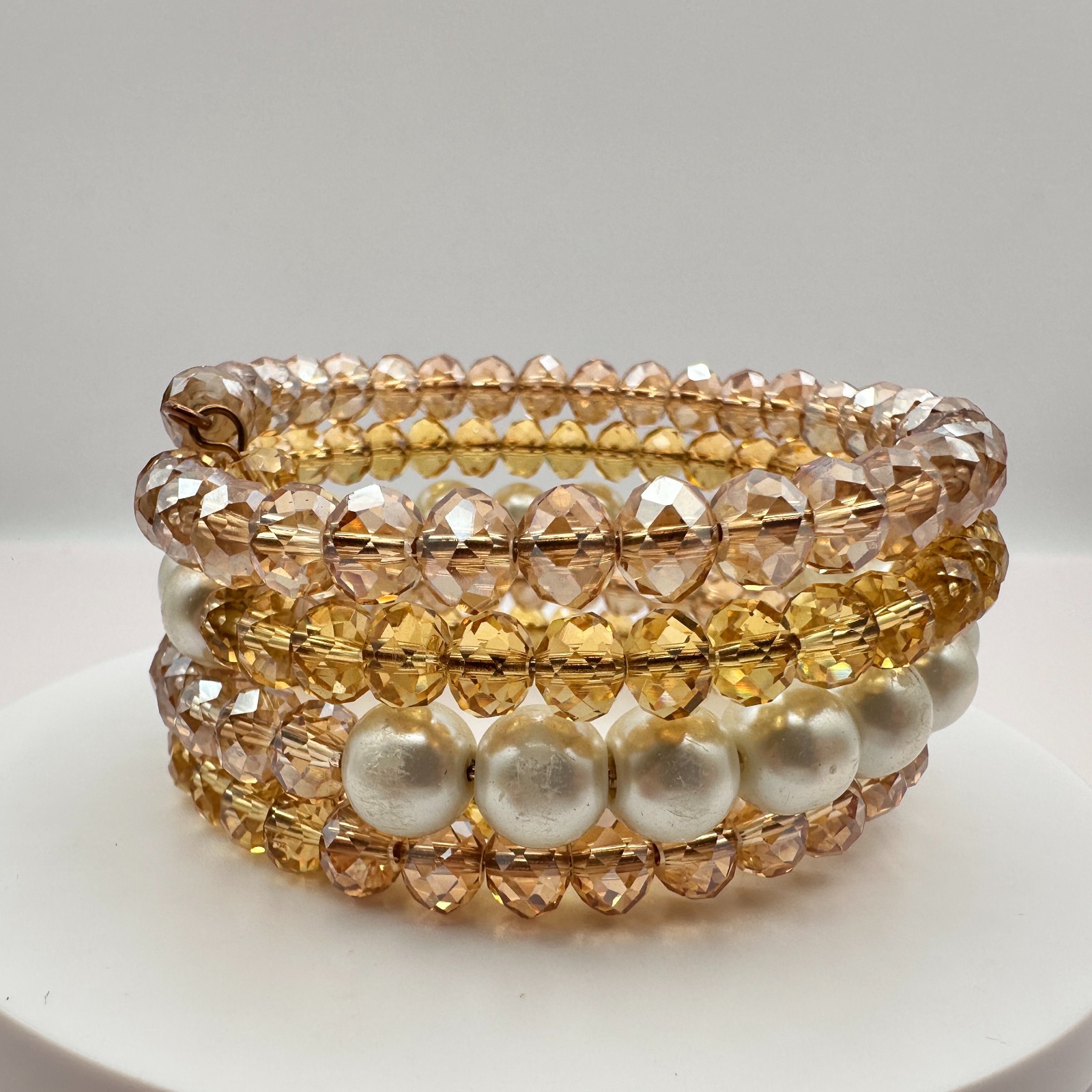 Vintage 90s Champagne Glass Bead & Faux Pearl Multi-Strand Wrap Bracelet Boho