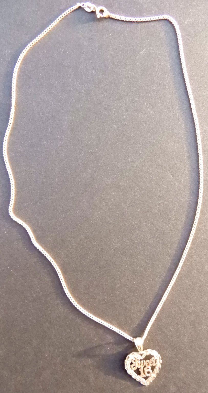 Vintage Sterling Silver “Sweet 16″ Necklace 18”. Pendant 1″ x 3/4′.