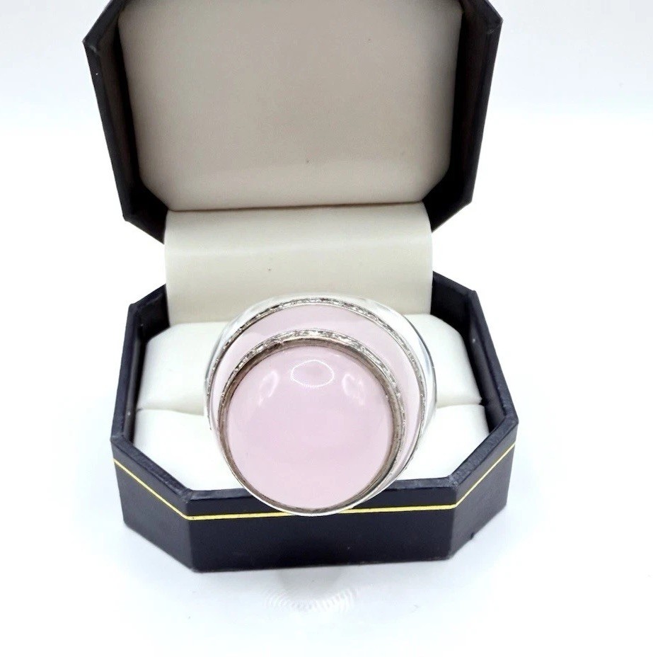 Enormous Rose Quartz White Sapphire Glass Statement Ring Sz 8 Vintage Jewelry
