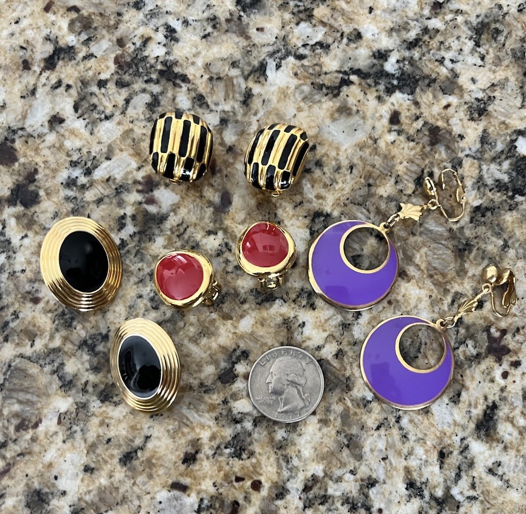 Vintage Gold Tone Multicolor Enamel Earring Lot Of 4 Clip On Purple Red Black