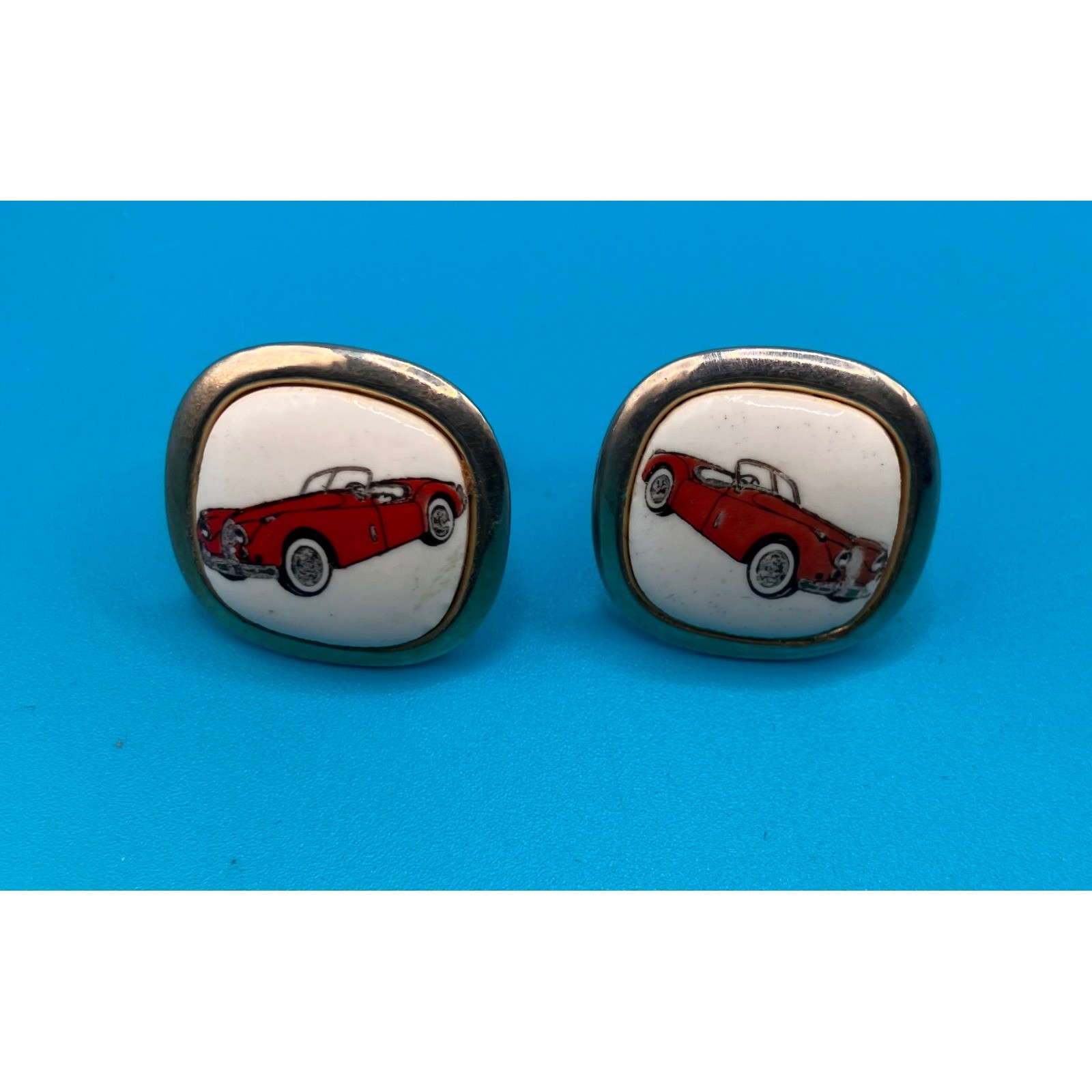 Men’s Cufflinks OS Gold Red Convertible Sports Car Enamel Vintage