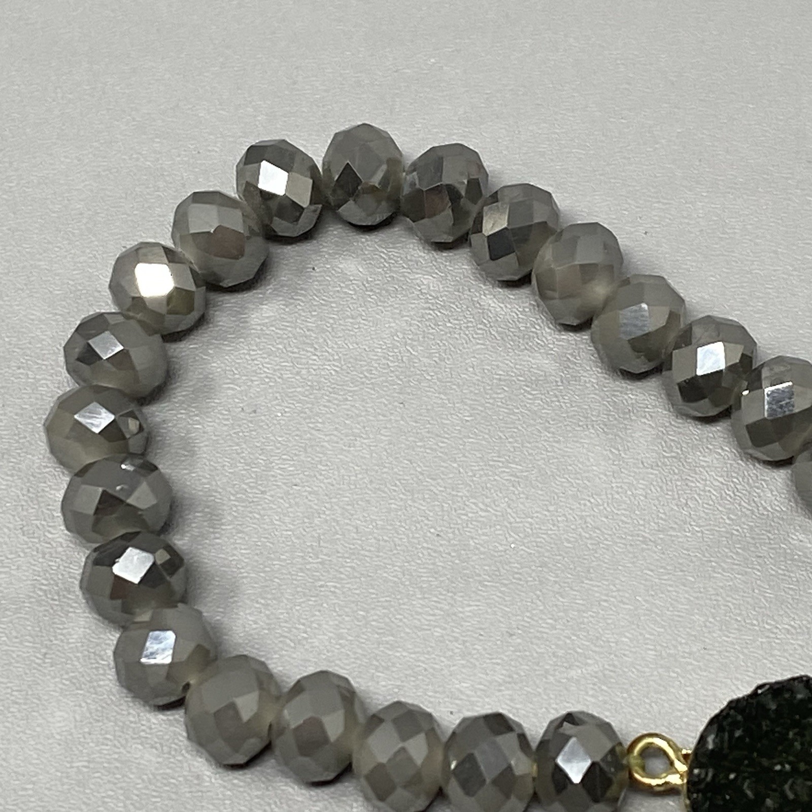 Black Druzy Stone Bracelet Gray Metallic Iridescent Fire Polish Faceted Stretch