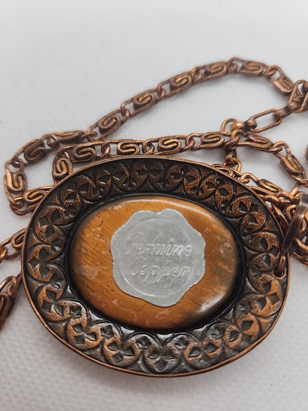 Vintage Genuine Copper 22″ Paper Link Chain Necklace Stone Resin Pendant 44G