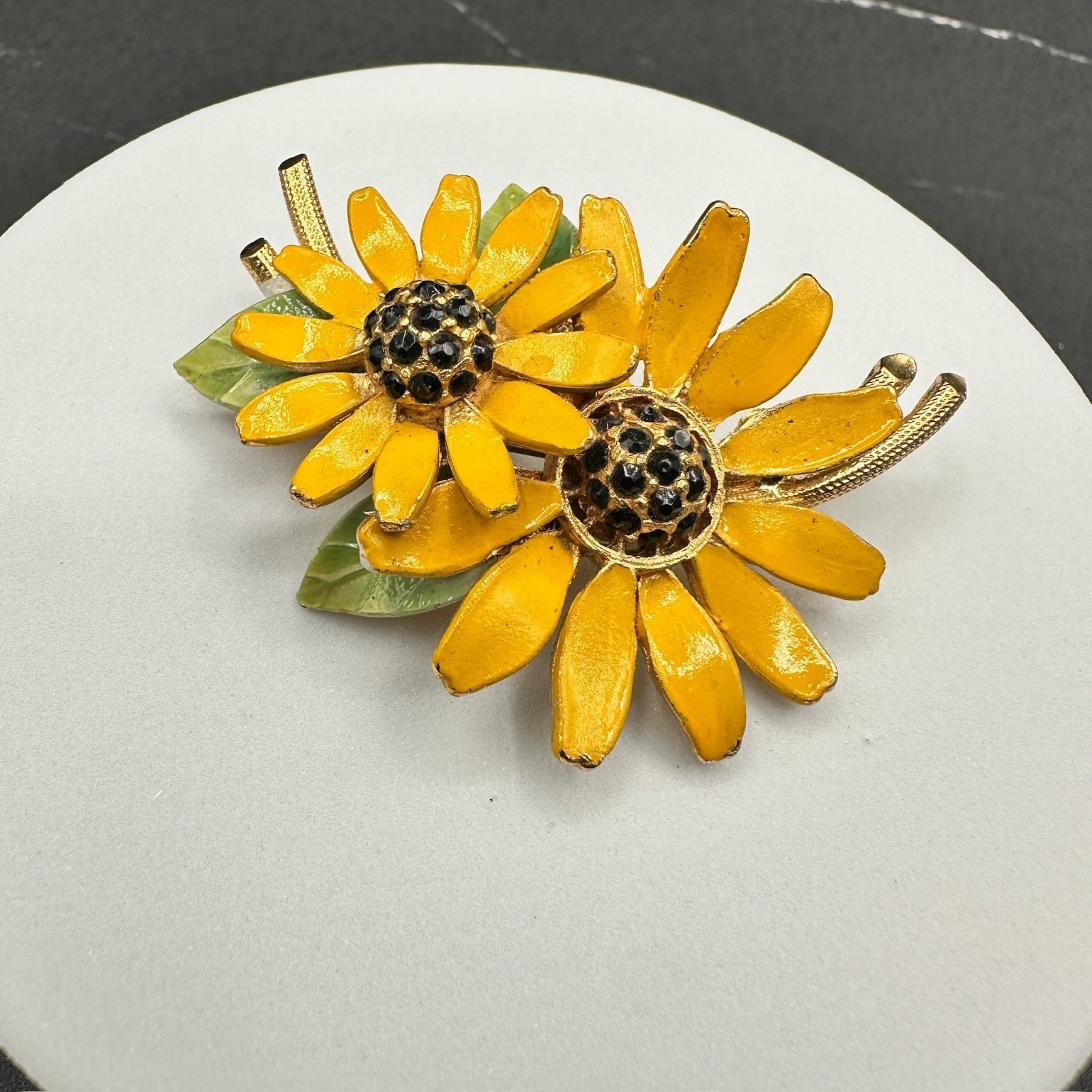 Vintage BSK Rhinestones Yellow Gold-Tone Vitreous Enamel Sunflower Brooch Pin