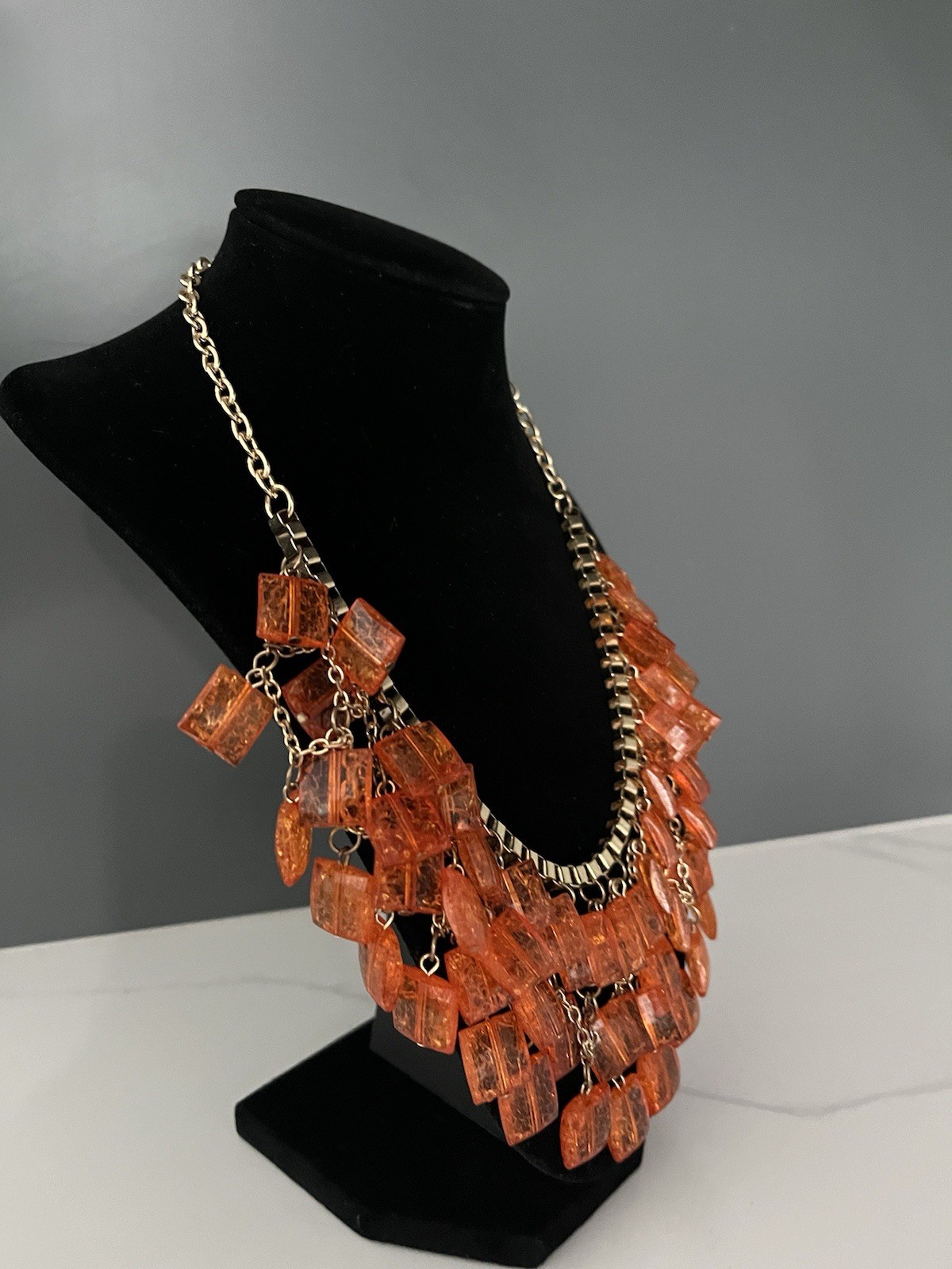 Vintage Orange Beaded Layered Bib Necklace Boho Retro