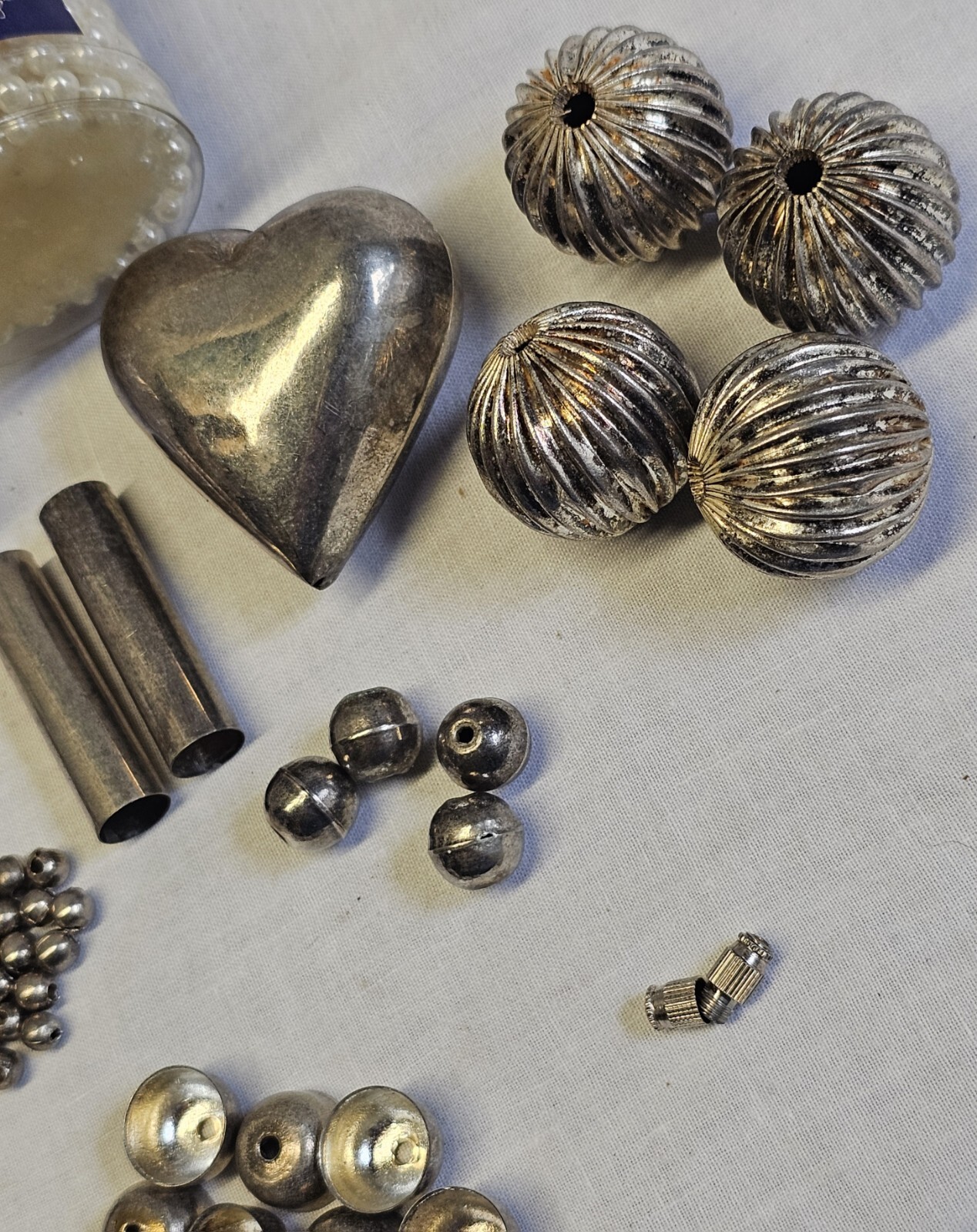 Vintage Jewelry Making Set Pearl String Kit Small-Large Metal Beads Silver Heart