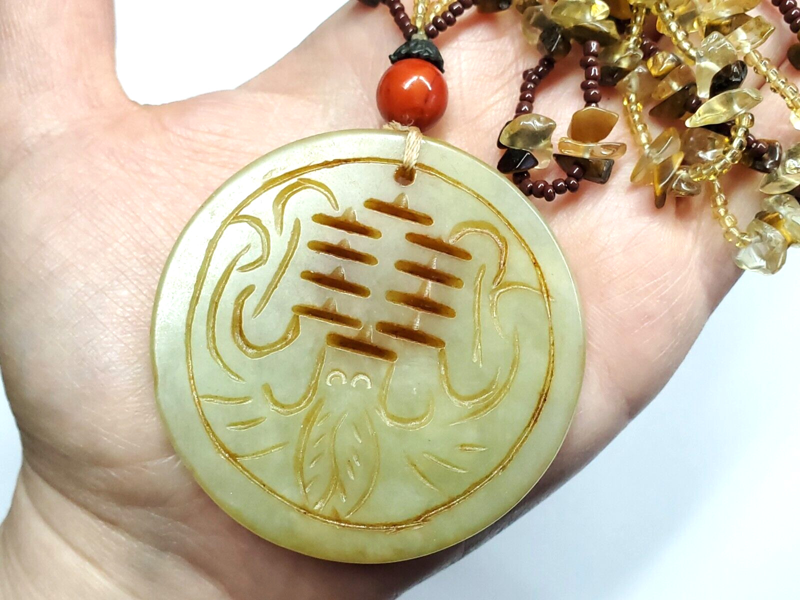 Vintage Oriental Jade Chunky Medallion Agate Tigers Eye Beaded Pendant Necklace