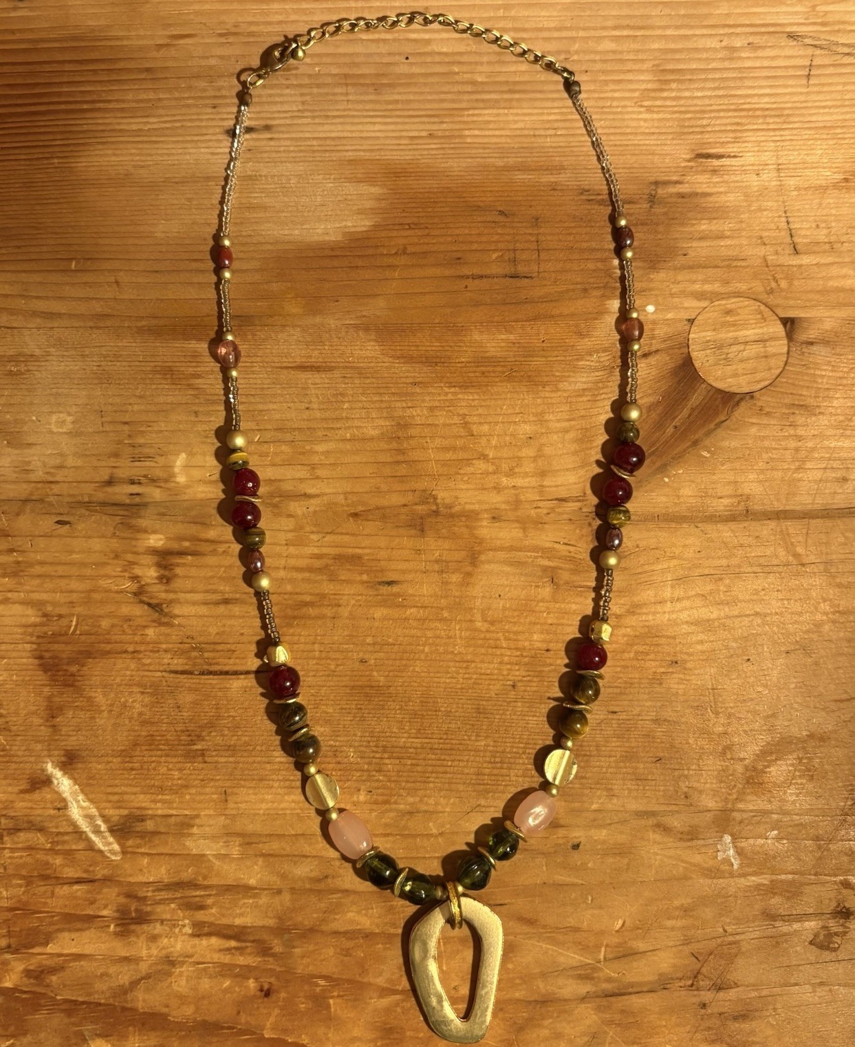 Boho Vintage Beaded Necklace Rose Quartz Tiger Eye Glass Brass Pendant Handmade