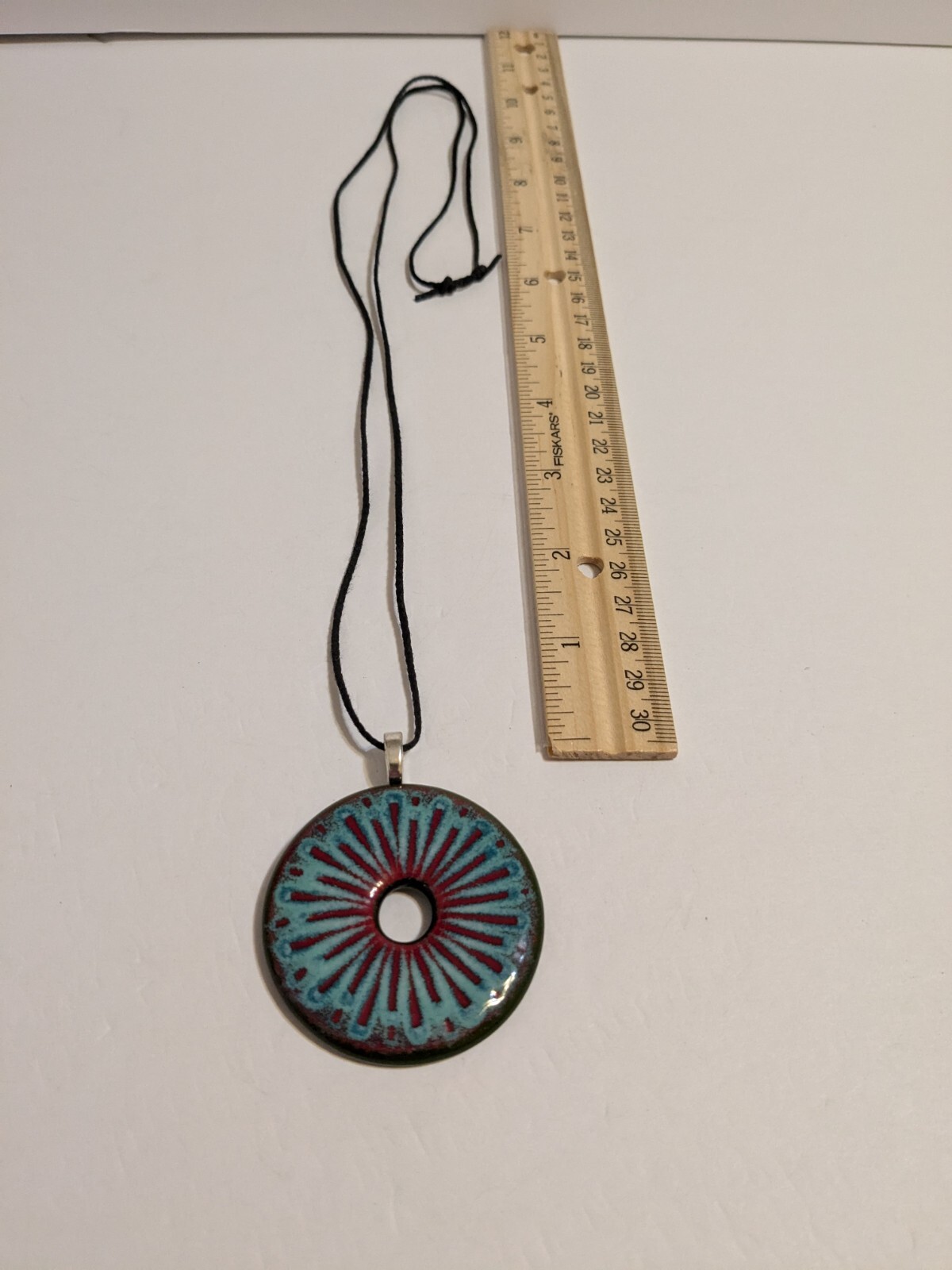 Round Multicolor Resin Pendant And Black Cord Necklace. FLAWED Cord.