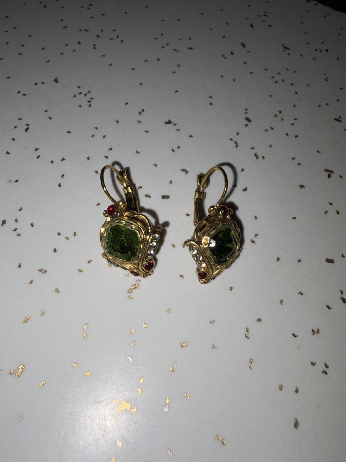 Vintage Joan Rivers Jeweled Bug Insect Leverback Earrings Gold Tone Green Red