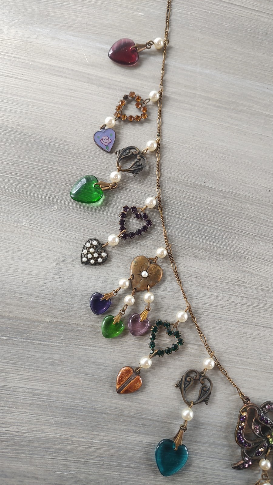 VTG GLASS WORKS STUDIO 30″ Enamel Rhinestone Crystal Heart Necklace w/15 Dangles