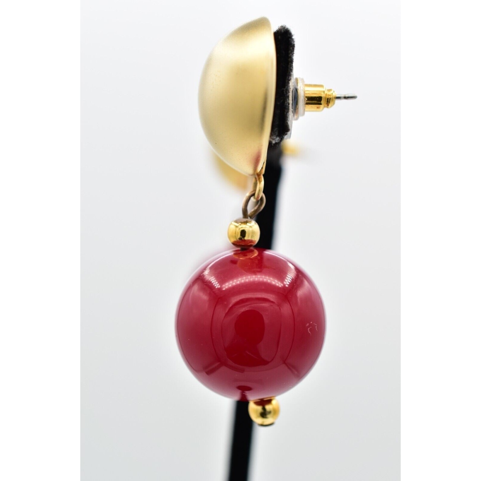 Vintage Dangle Beaded Earrings Chunky Drop Brushed Gold Red Retro 1980s BinBF