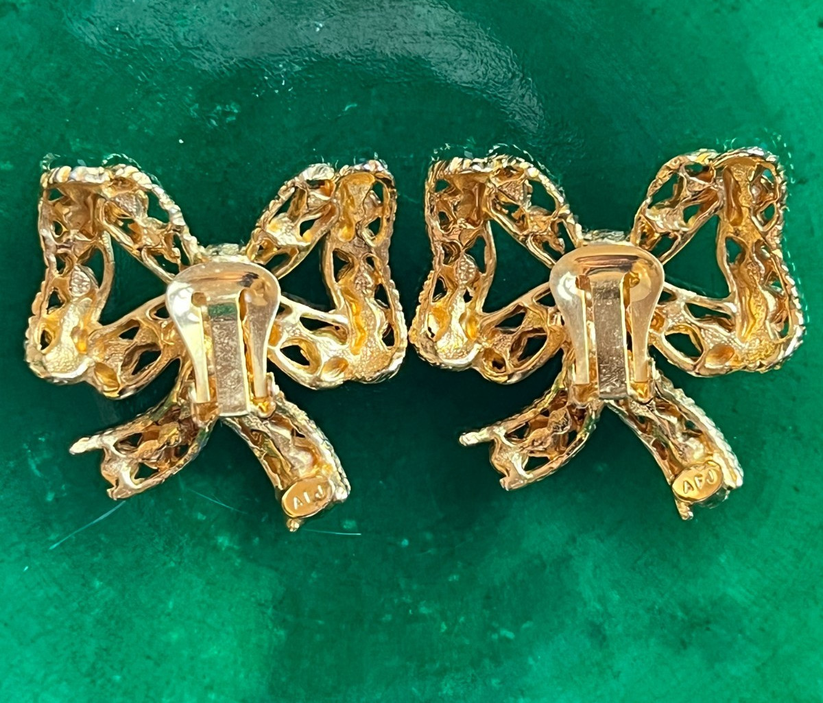 Vintage 1980s Rhinestone Bow Gold Tone Clip Earrings Bridal Statement Signed AFJ