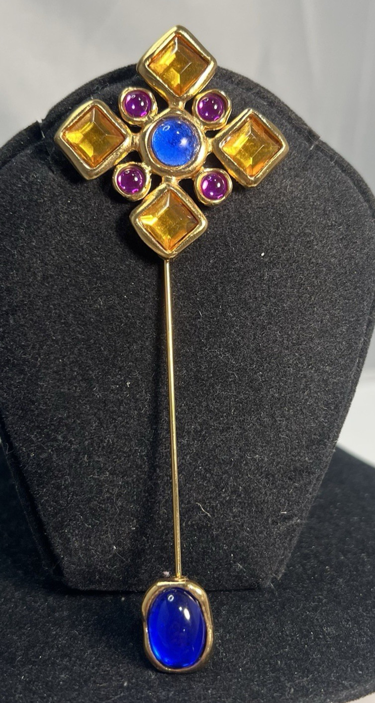 Beautiful RARE Multi Color Gripoix Cab Mogul Maltese Cross Jabot Stick Lapel Pin