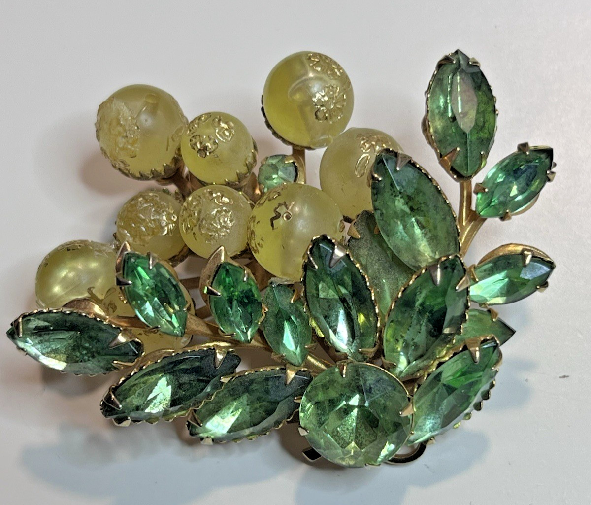Vintage Green Grapes Goldtone Brooch with Uranium Stone