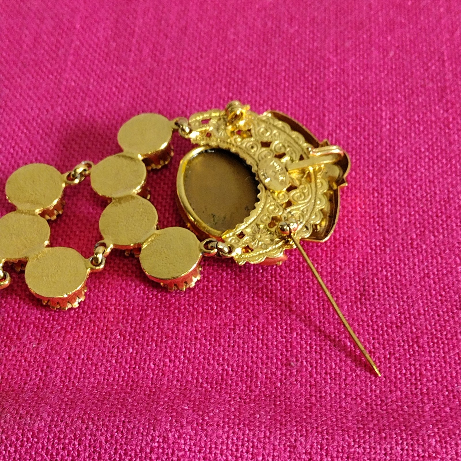 Robert Rose Gold Tone Amber Rhinestone Crown Chandelier Dangle Statement Brooch